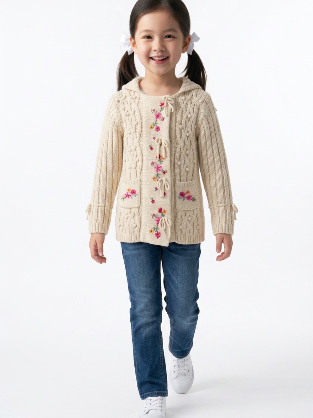 Savannag Cable Knit Cottagecore Girls 4T Snap Closure Cardigan Floral Embroidery